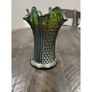 Fenton Diamond Point Columns Pattern Carnival Glass Swung Vase Green Vintage 6"